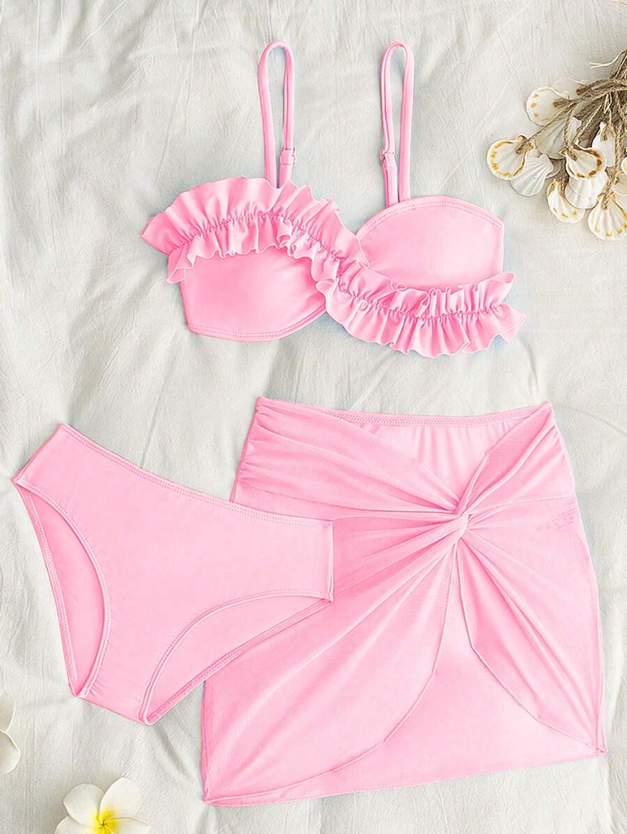 Tween Girl Solid Color Tankini Top & Mini Skirt Swimwear Set - Pink - View 1
