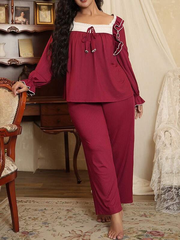 Côtesoire Conjunto de pijama de manga larga con bordado floral, encaje y volantes en el dobladillo, talla grande