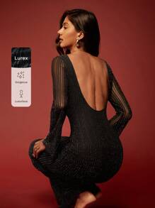 Opulessa 1pc Black Backless Flare Sleeve Round Neck Sexy Long Sleeve Dress,For Party - Black - View 6