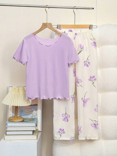 Flickor Casual Cherry Blossom Print kortärmad T-shirt och lösa byxor Set, sommar