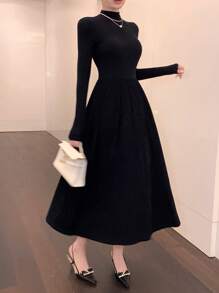 DAZY Women High Neck Fitted Mid-Length Dress, Autumn/Winter, Birthday ,New Year Eve Prom Dress,Fall Women Clothes Long Sleeve Dress Elegant Women Dresses - Black - View 2