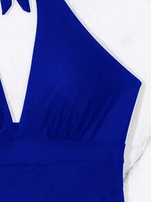 Bonvoyette Baju Renang Wanita Model Halter Seksi Warna Polos dengan Jala Kontras untuk Liburan Musim Panas - Biru - View 5