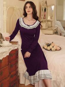 Côtesoire French Romantic Contrast Color Ruffle Hem Women Housedress Holiday Season, Vacation