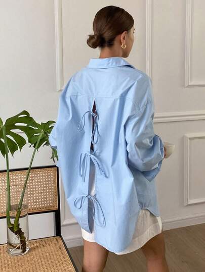 Livesso 女士纯色宽松长袖翻领露背系带蝴蝶结衬衫、长袖上衣、秋装