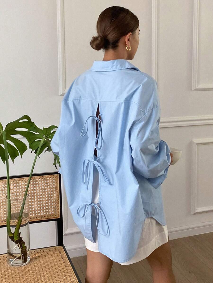 Livesso Blusa suelta de unicolor con cuello vuelto, espalda descubierta y lazo, de manga larga, para mujer, ropa de otoño - Azul - Ver 1