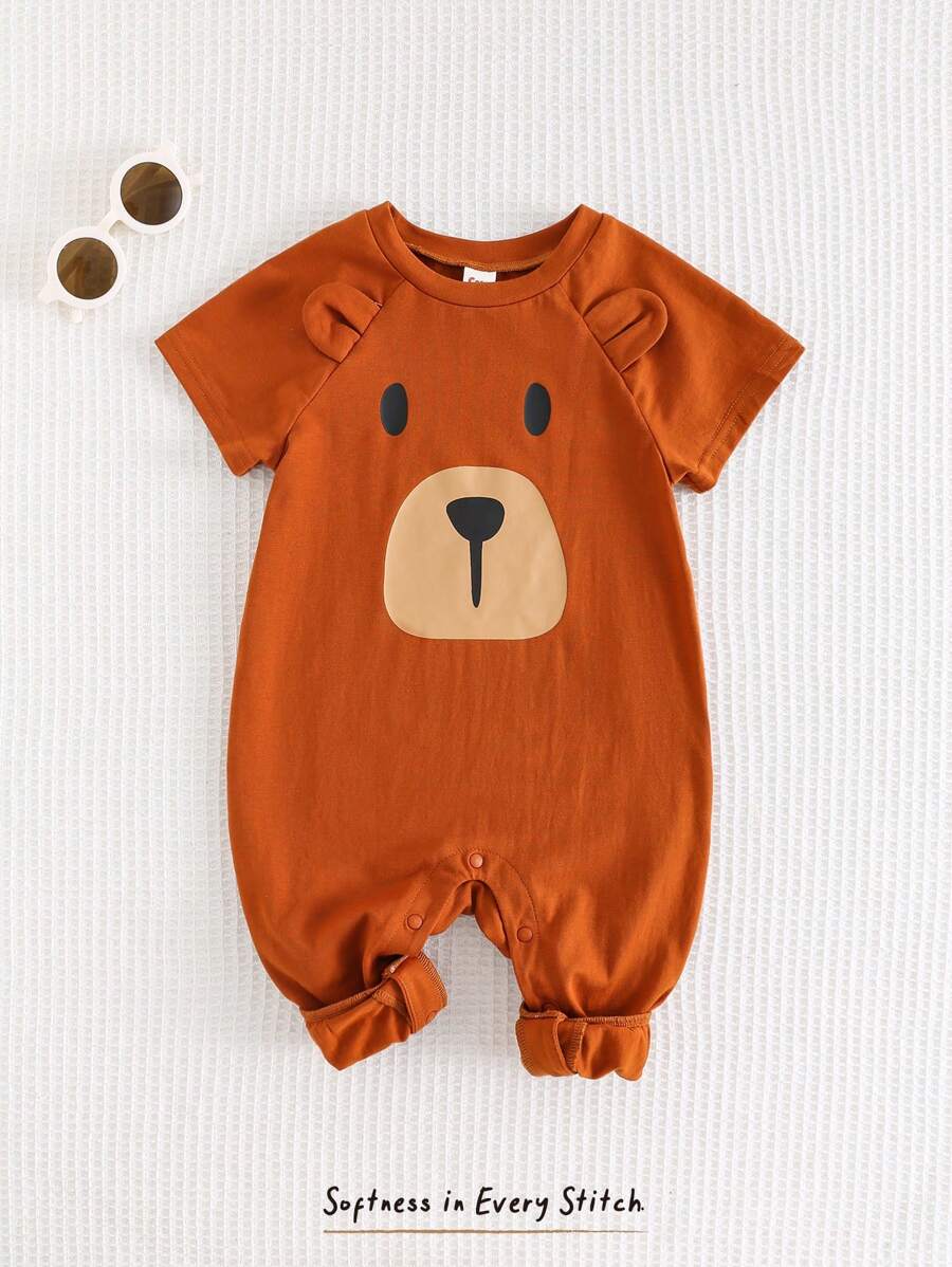 Cozy Pixies Baby Boy 3D Ears Cartoon Bear Pattern Knitted Soft Crewneck Short Sleeve Jumpsuit