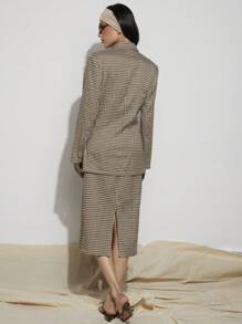 COSMINA 2 件套女士优雅格子西装外套和裙子套装，春夏 - 棕色 - 查看 2