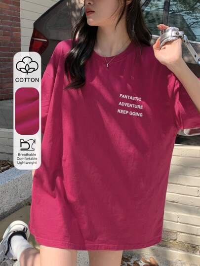 DAZY Summer Casual Loose Fit Round Neck Letter Print Short Sleeve T-Shirt FANTASTIC ADVENTURE KEEP GOING Oversized T-Shirt,Graphic Tees