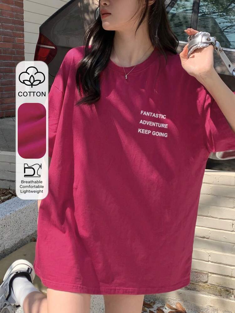 Summer Casual Loose Fit Round Neck Letter Print Short Sleeve T-Shirt FANTASTIC ADVENTURE KEEP GOING Oversized T-Shirt,Graphic Tees