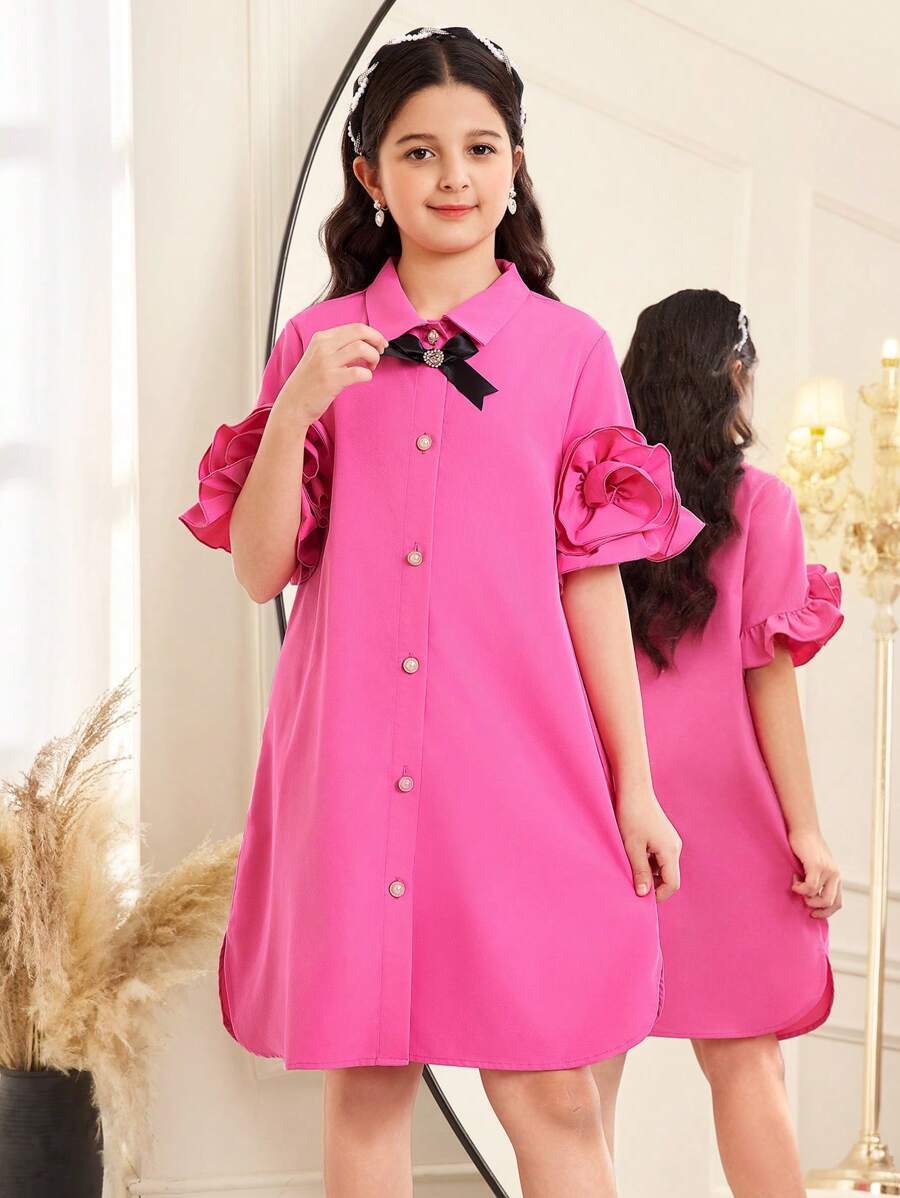 SHEIN Tween Girls' Casual Elegant Collared Floral Decor Satin Bow Accent A-Line Pearl Button Front Woven Solid Dress - Hot Pink - View 1