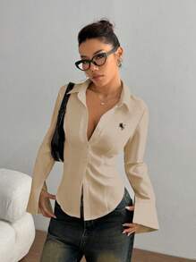 TRNVIE Minimalist Embroidery Decor Fitted Women's Blouse, Suitable For Summer Fall Cloth For Women - Apricot - View 5