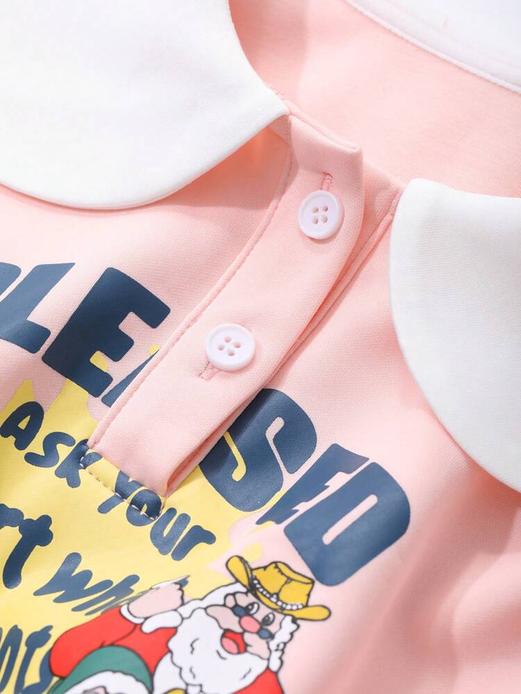 Young Girl Letter Print Color-Block Peter Pan Collar Long Sleeve Casual Dress, Autumn
