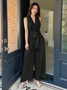 DAZY Effen kleur losse jumpsuit met strik taille, elegante zomer casual dames rompertjes