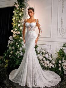 Glamrae 优雅蕾丝刺绣美人鱼长裙，可拆卸拖尾，长袖，露背，适合婚礼、派对、蜜月、新娘