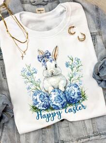 Women's Easter Rabbit & Egg Print Round Neck Short Sleeve Casual Loose Fit Versatile T-Shirt, For Gift - White - View 1