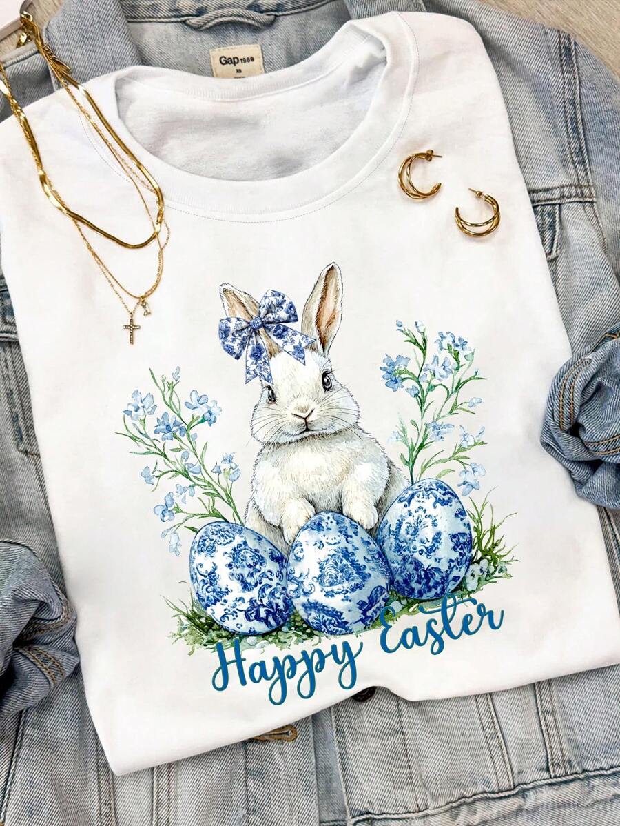 Women's Easter Rabbit & Egg Print Round Neck Short Sleeve Casual Loose Fit Versatile T-Shirt, For Gift - White - View 1