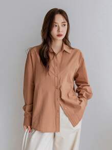 Dazy-Less Women's Solid Color Long Sleeve Casual Business Shirt,Fall Women Clothes - Coral Orange - View 7