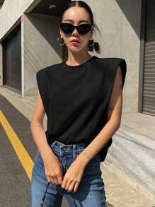 DAZY Solid Shoulder Pad Tee Y2k - Black - View 4