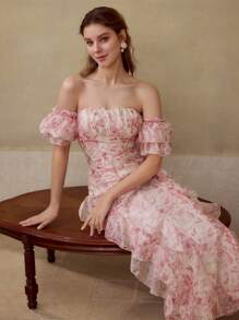 MOTF PREMIUM VESTIDO COM DETALHES DE BABADOS E ESTAMPA FLORAL - Rosa - Ver 3