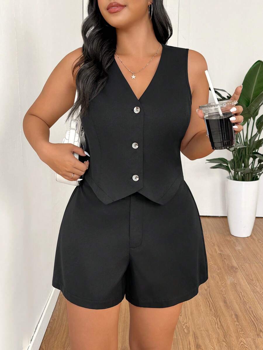 SHEIN EZwear 1 pieza Conjunto de chaleco negro de cuello en V de talla grande y 1 pieza Conjunto de pantalones cortos con cintura elástica, para graduación, regreso a la escuela, atuendos de maestras en otoño/invierno - Negro - Ver 1