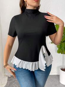 SHEIN Privé Plus Size Women Spring Summer Casual Elegant Commute Office Career Knowledgeable Color Block Ruffle Collar Stretchy T-Shirt