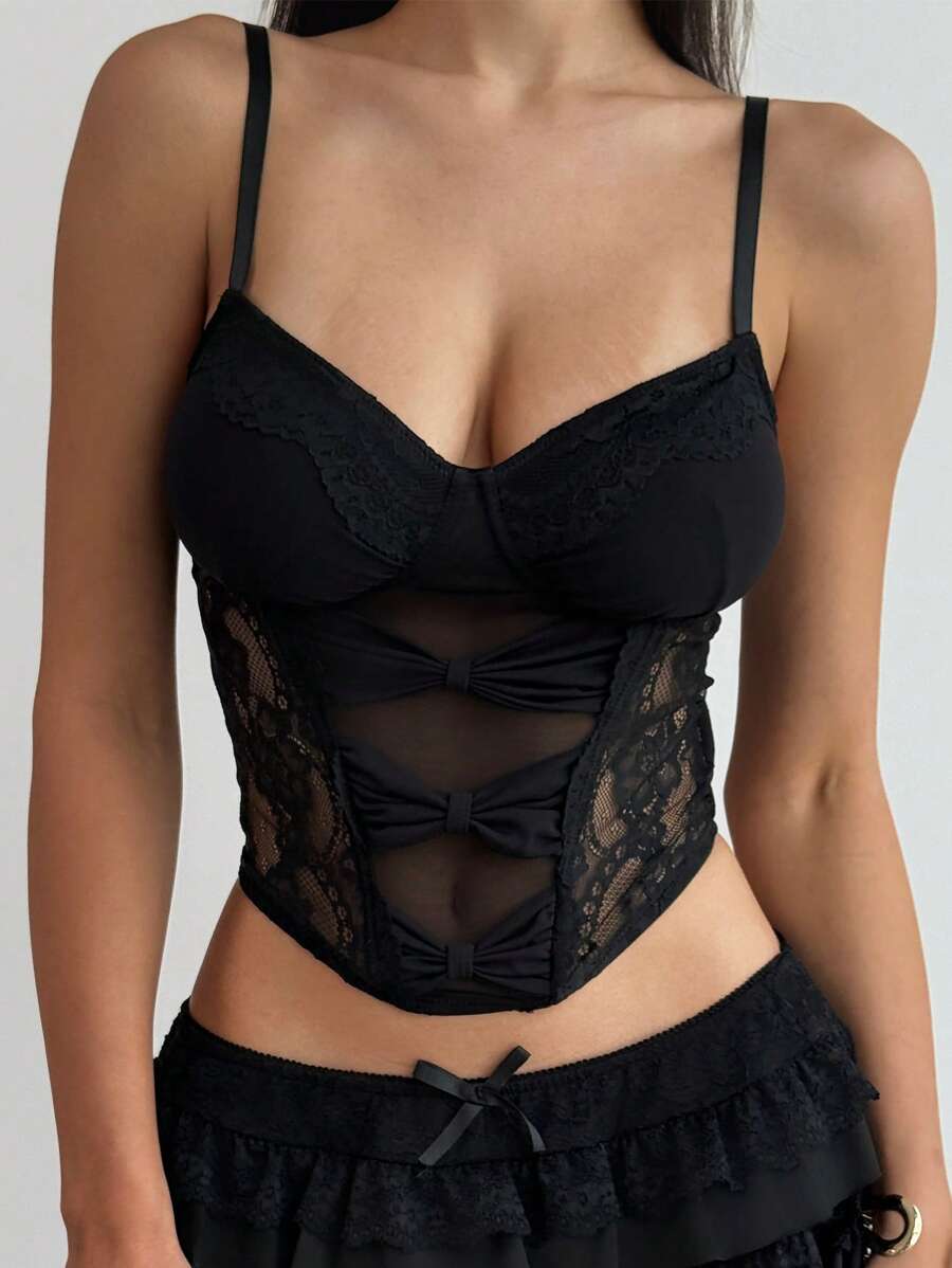 Aloruh Women's Lace Splice Twist Design Mesh Cutoff Camisole - Black - View 1