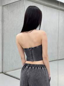 SHEIN EZwear K-Vae 女式性感弹力修身短款黑色牛仔抹胸，女式夏季，女式束身衣上衣，短款上衣，女式外出上衣，女式牛仔女郎，女式演唱会，春假，趣味上衣，狂欢，辣妹，韩式休闲，高街，韩国女子组合风格 - 深灰色 - 查看 6