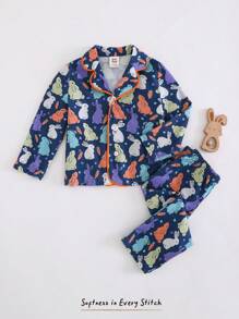Cozy Pixies Baby Boy Cartoon Rabbit Print Knitted Soft Long Sleeve Shirt And Elastic Waist Pants 2 Pieces Set - Grey - View 1