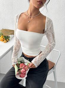 SHEIN EZwear Summer New White Lace Slim-Fit Shawl Top
