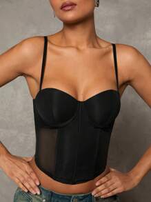 Glamine Sexy Mesh Patchwork Solid Woven Wire Rim Camisole Tank Top For Women - Black - View 1