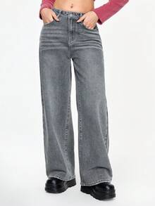 ROMWE Grunge Punk Wing Skull Embroidered Loose Wide Leg Women Jeans - Baby Blue - View 4