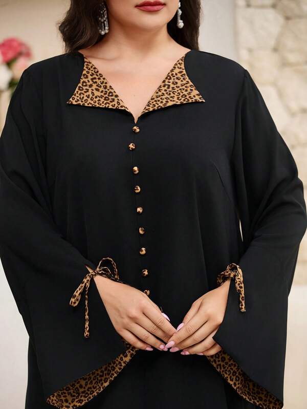 Al Najma Plus Size Women Leopard Patchwork Long Sleeve Button Design Arabian Dress, Modest Kaftan