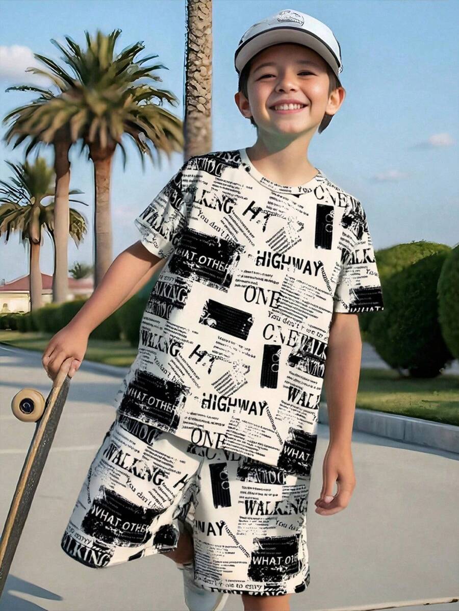 SHEIN Leap Crew 2pcs/Set Tween Boy Vacation Style Printed Graphic Round Neck Pullover Short Sleeve T-Shirt & Shorts Set - Multicolor - View 1