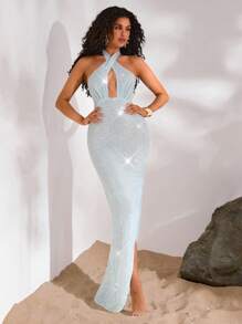 Opulessa 女士纯色亮片镂空交叉领修身连衣裙、女士度假装、度假背心裙、海滩度假装、热带度假女装、女士夏装、背心裙、露背连衣裙、连衣裙、优雅连衣裙、女士优雅连衣裙