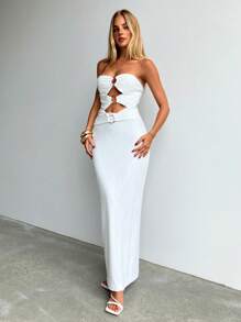 Aloruh Vestidos de mujer con hombros descubiertos, decoración de metal hueco con abertura, vestidos de primavera, vestidos de graduación, vestidos de Pascua, vestidos de playa, vestidos blancos, vestidos largos
