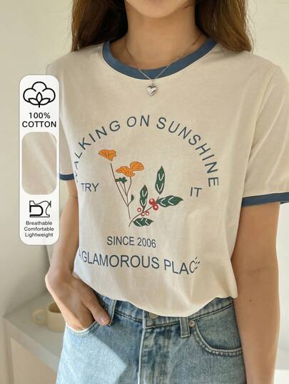 Letter & Plants Print Contrast Trim Tee Summer,Teacher Outfits Easter