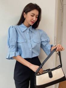 DAZY Flap Detail Puff Sleeve Shirt,Ruffle - Blue - View 3
