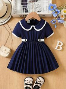 Baby Girl Simple Elegant Short Sleeve Dress, Spring/Summer - Royal Blue - View 1