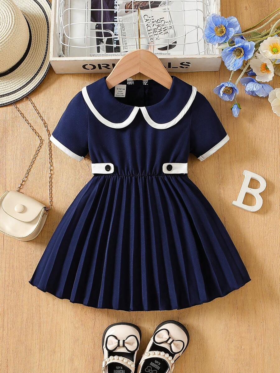 Baby Girl Simple Elegant Short Sleeve Dress, Spring/Summer - Royal Blue - View 1