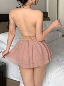DAZY Bộ đồ lót gợi cảm cổ chữ V khoét sâu, lưng hở, phối ren tương phản dành cho nữ. - Hồng - Xem 2