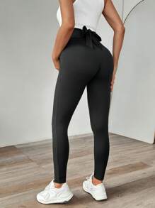 SHEIN Adjustable Back Tie Ruched Maternity Leggings, Casual & Versatile - Black - View 2