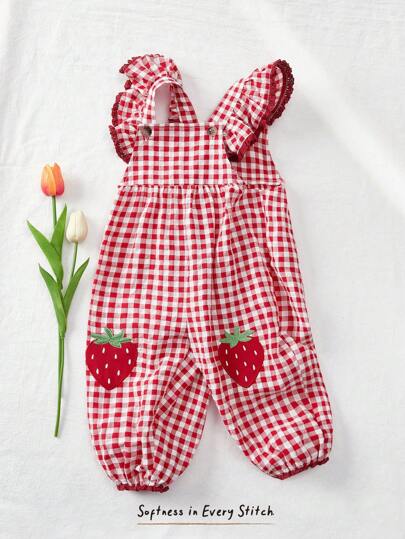 Cozy Pixies Baby Girl Strawberry Print Square Collar Ruffle Trim Jumpsuit