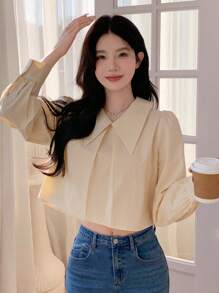 DAZY 女士阔腿短款百褶中式领长袖衬衫，秋季服装 - 黃色 - 查看 7