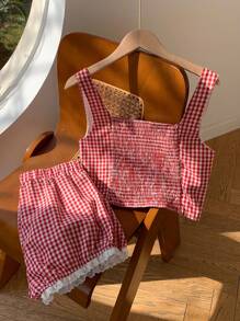 Comfortcana 2pcs Women Summer Beach Western Plaid Patchwork Embroidered Cropped Tank Top And Shorts Set