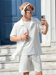 SHEIN Teen Boy Casual Beach Waves Wide-Collar Short Sleeve Shirt And Shorts Two-Piece Set - White - View 4