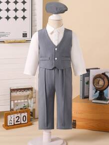 Conjunto de 3 piezas para bebé niño que incluye chaleco con cuello en V y botones, pantalones de traje y gorro - Multicolor - Ver 1