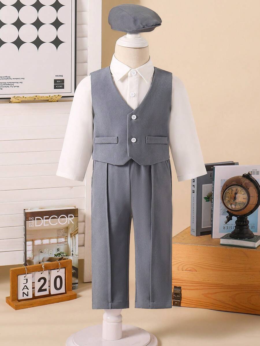 Conjunto de 3 piezas para bebé niño que incluye chaleco con cuello en V y botones, pantalones de traje y gorro - Multicolor - Ver 1