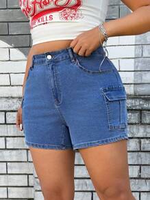 SHEIN ICON Plus Size Women Casual Cargo Pockets High Waist Denim Shorts