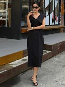 DAZY Vestido ajustado con cuello en V y cintura fruncida, vestido de verano elegante. Ropa de vuelta al colegio - Negro - Ver 4