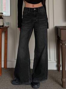 Quần jeans ống rộng dáng casual dành cho nữ, đã qua xử lý giặt. - Màu xám đen - Xem 6